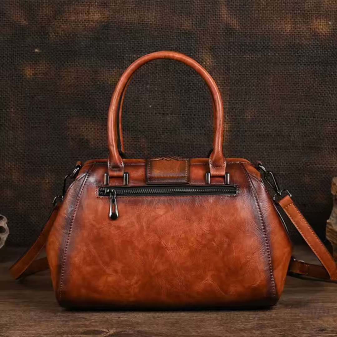 Florina - Leather Handbag with Engraving and Floral Pattern