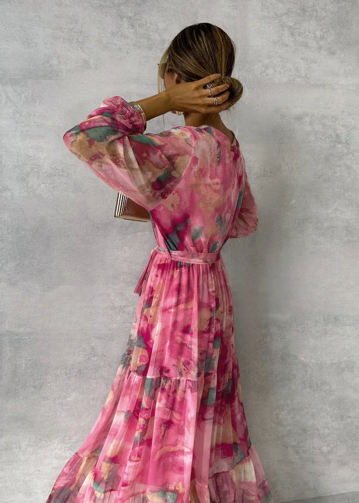 Amber - Floral Print Wrap Maxi Dress with Long Sleeves