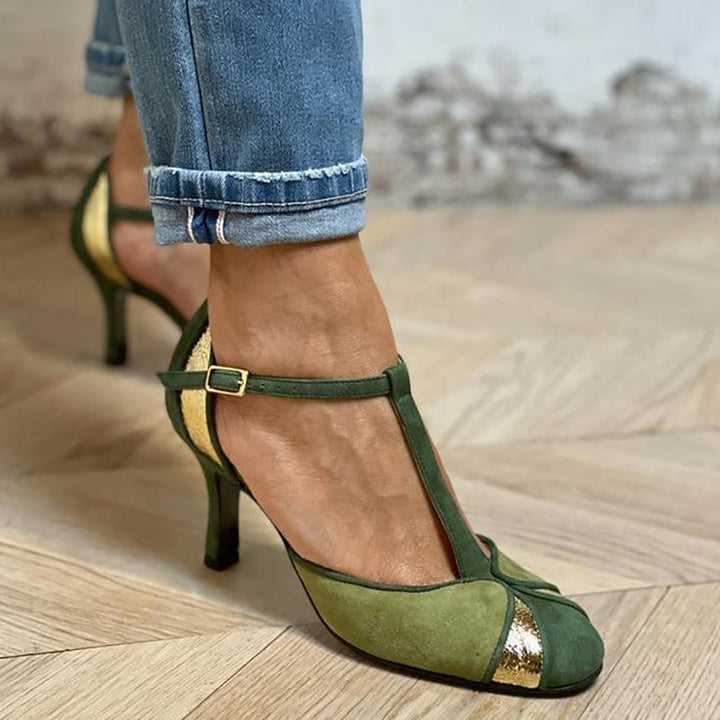 Alona™ | Elegant patchwork court shoes with T-bar and closed toe for a refined style